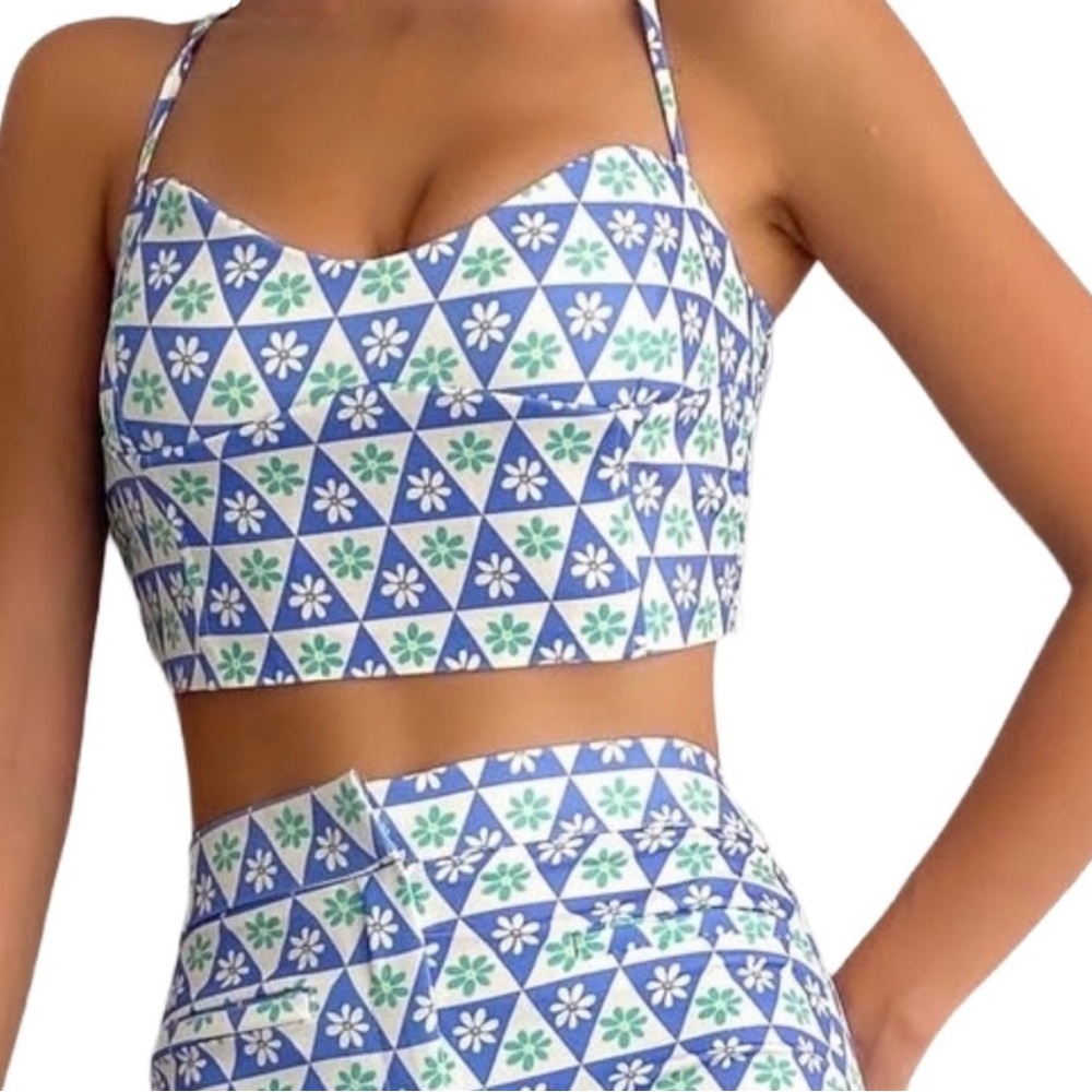 Zara Floral Tile Corset Crop Top XS Blue White Euro Summer Amalfi Aesthetic